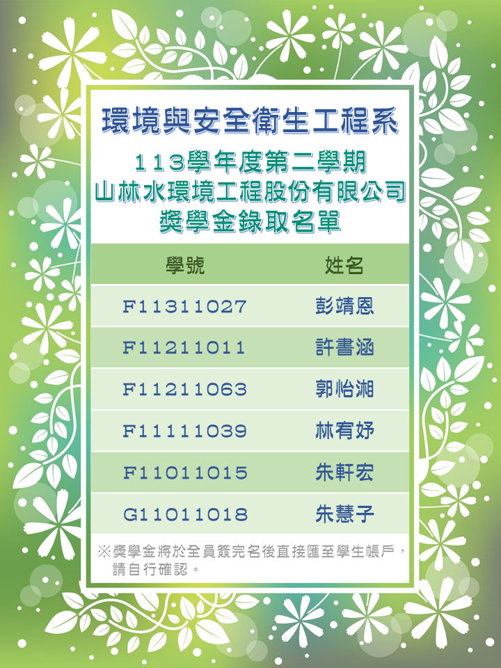 113-2 山林水獎學金錄取公告